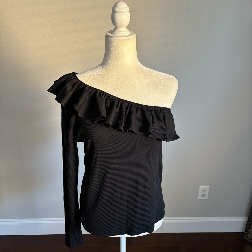 J. CREW Ruffle One Shoulder Top Ribbed Knit Black Size Large